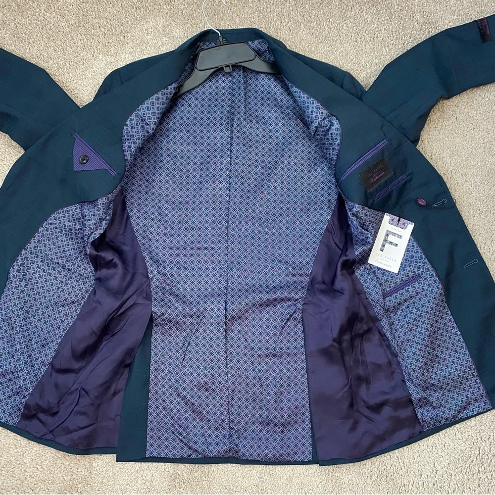 Ted Baker Endurance Roger Extra Slim Fit Wool Suit Jacket Teal Blue Plaid 40L‎